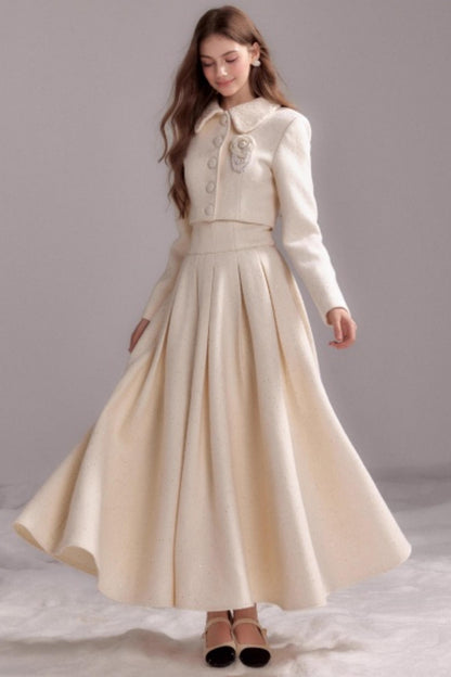 Thin Glitter Lapel Top & Pleated Skirt Set-Up