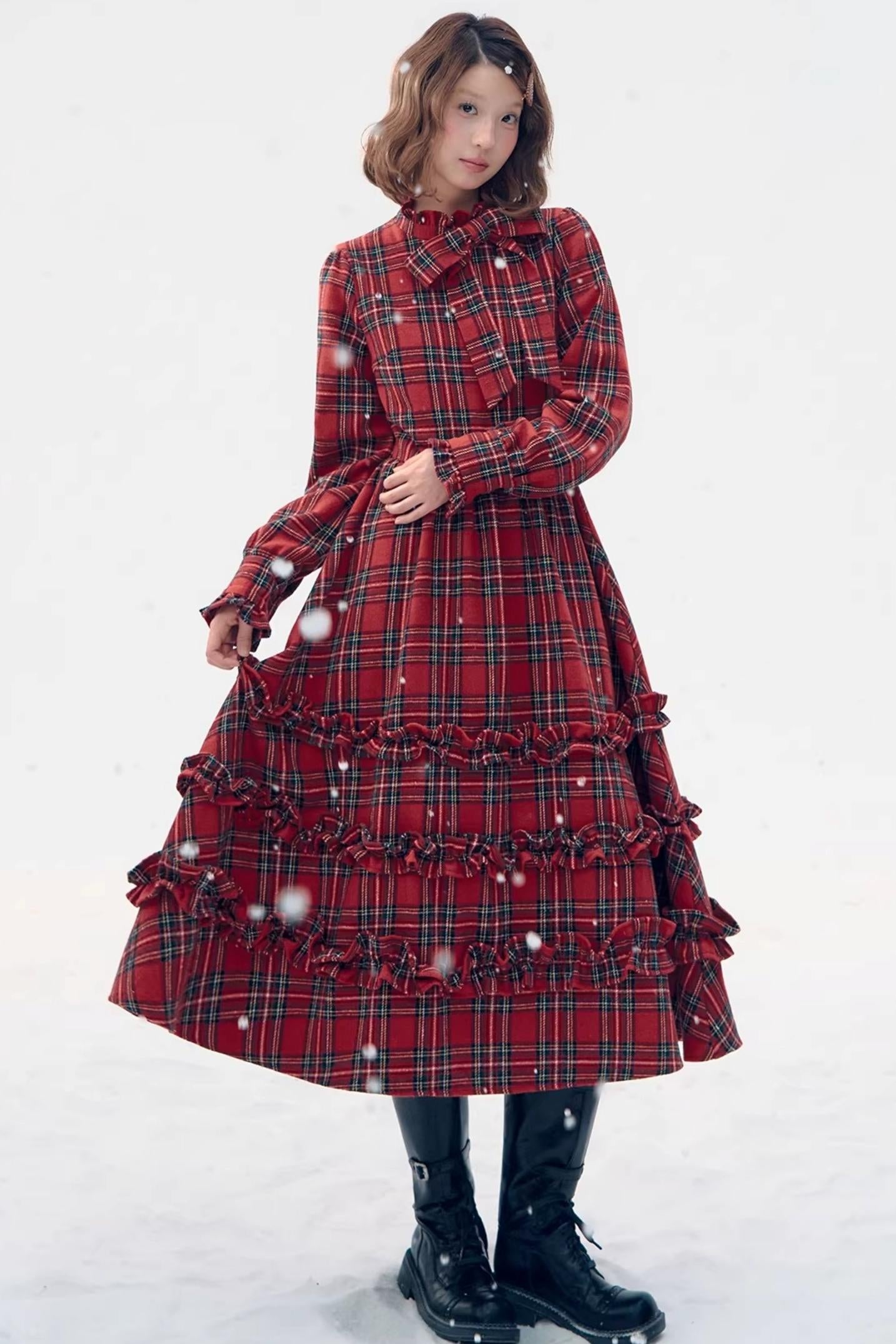 Retro Red Plaid Ruffle Dress