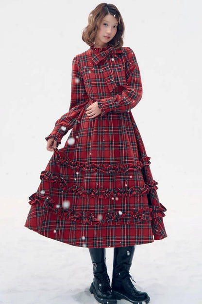 Retro Red Plaid Ruffle Dress