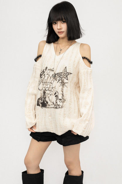 Hole Design Slope Shoulder T-Shirt