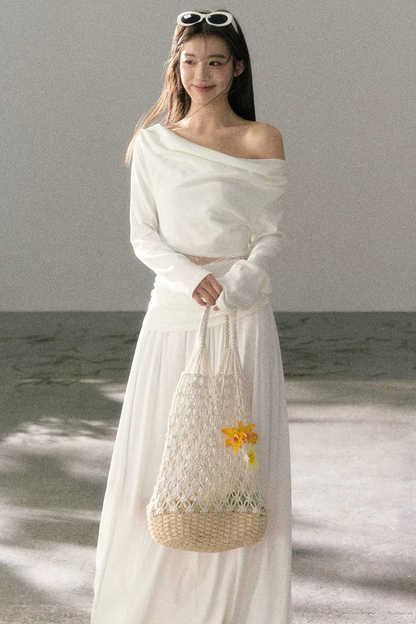 White Lace Cutout Draped Top Set-Up