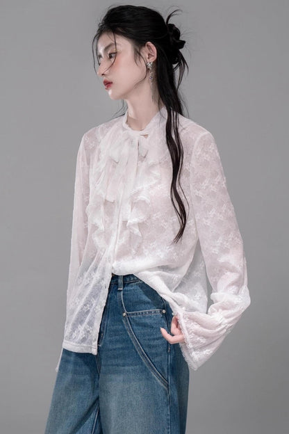 White Cloud Gauze Ruffled Shirt Set