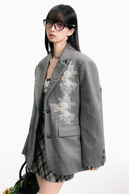 Gray Embossed Rose Blazer