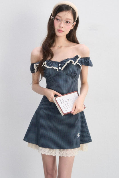 레이스 체크 A라인 원피스