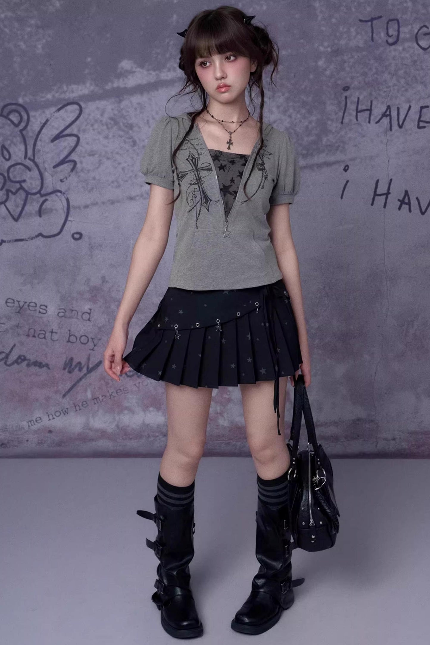 Gray Cross Hooded Top