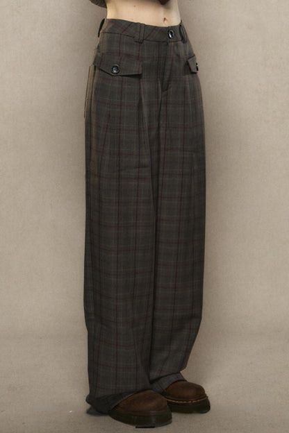 LOLOL ® 24FW Maillard Vintage Straight Wide-leg Plaid Pants Women's Autumn Plaid Pants Loose Trousers