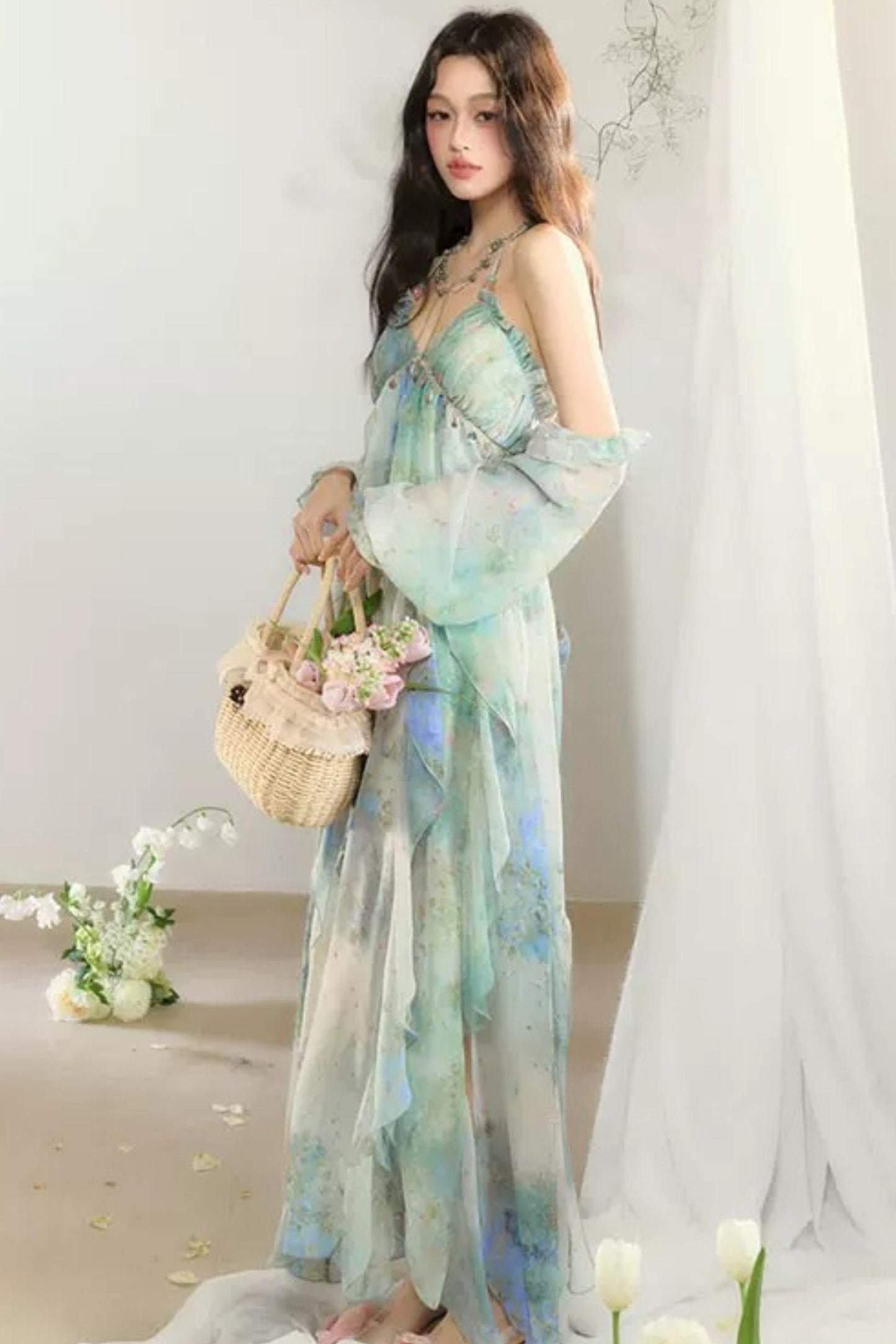 Floral Print Layered-Look Spaghetti Strap Dress