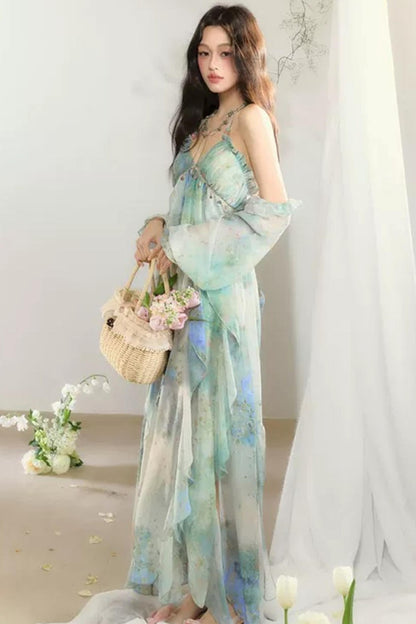 Floral Print Layered-Look Spaghetti Strap Dress