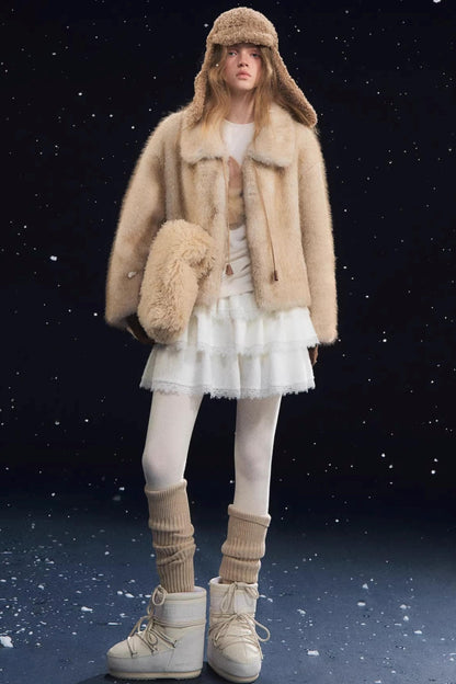 Lace-Up Lapel Fur Coat