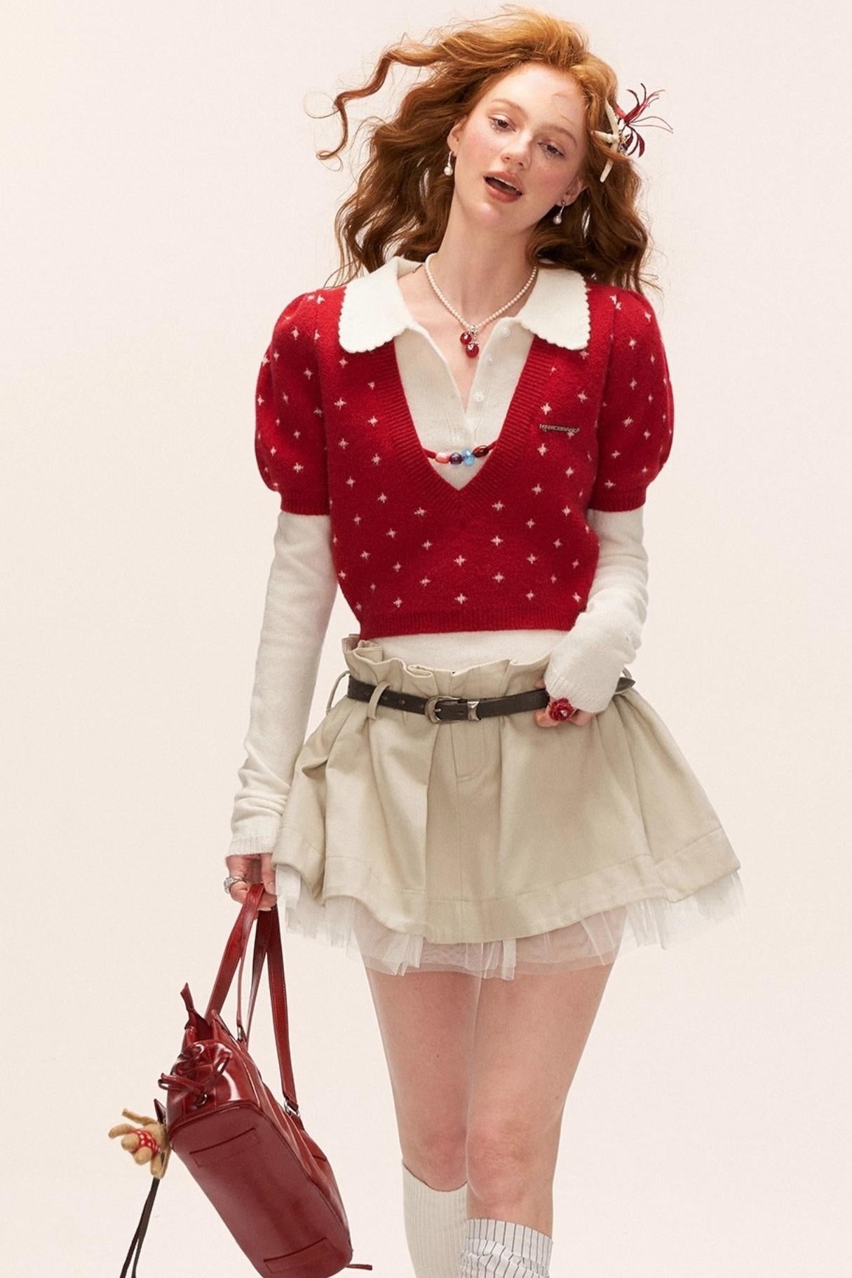 Vintage Crochet V-Neck Top Set-Up