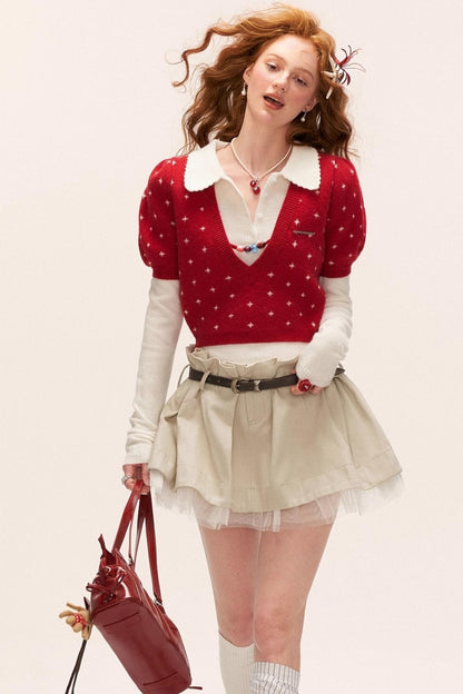 Vintage Crochet V-Neck Top Set-Up