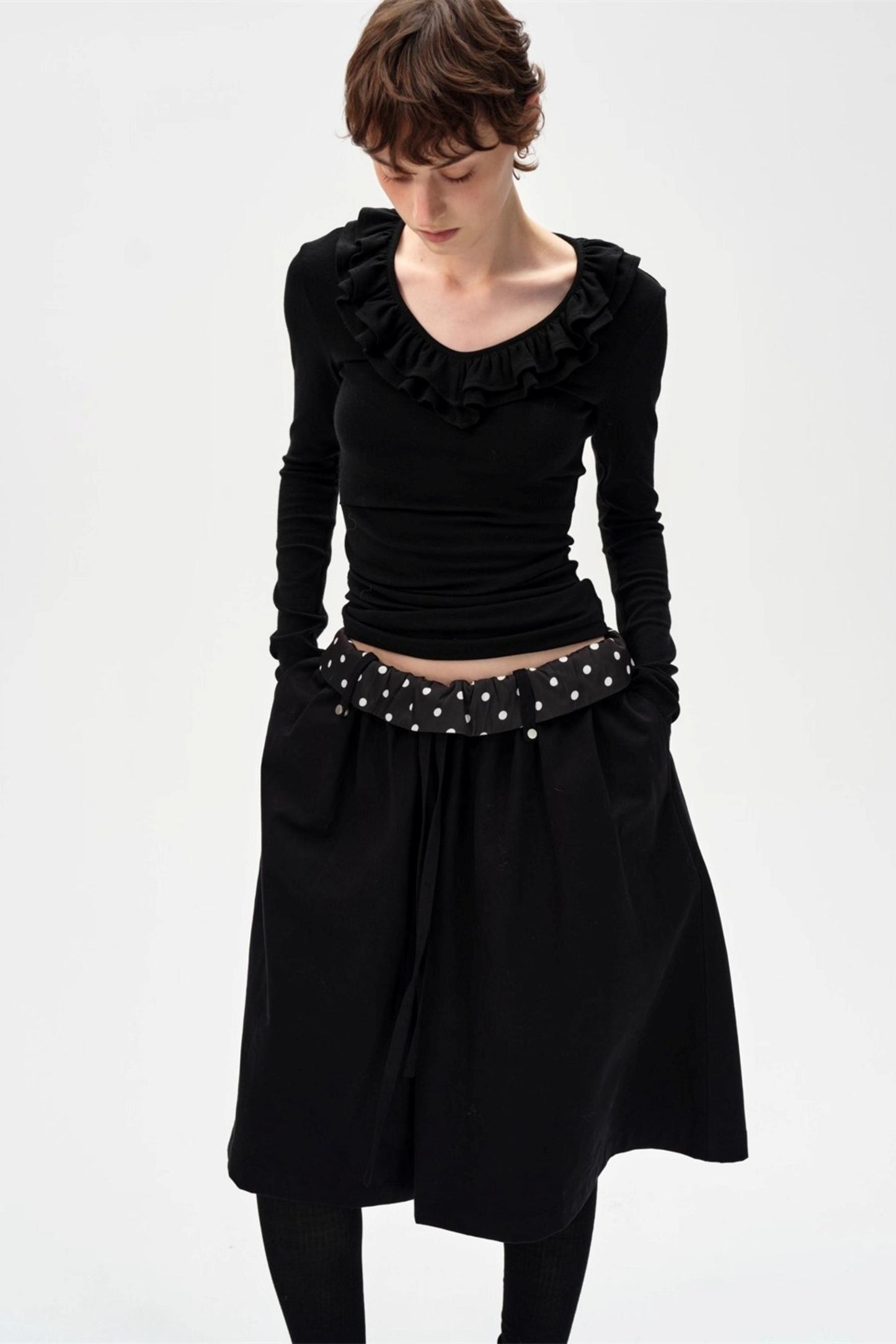 Drape Patchwork Polka Dot Waist Drawstring Skirt