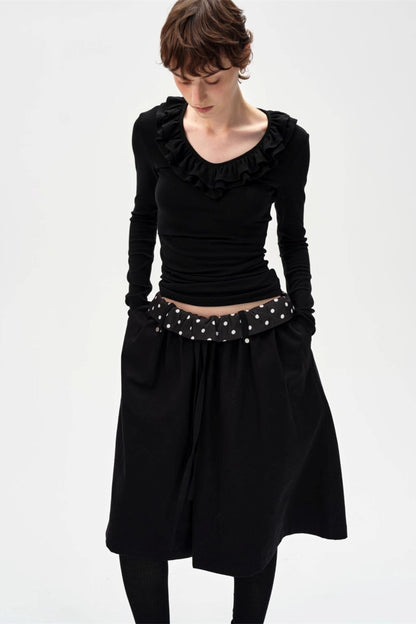 Drape Patchwork Polka Dot Waist Drawstring Skirt