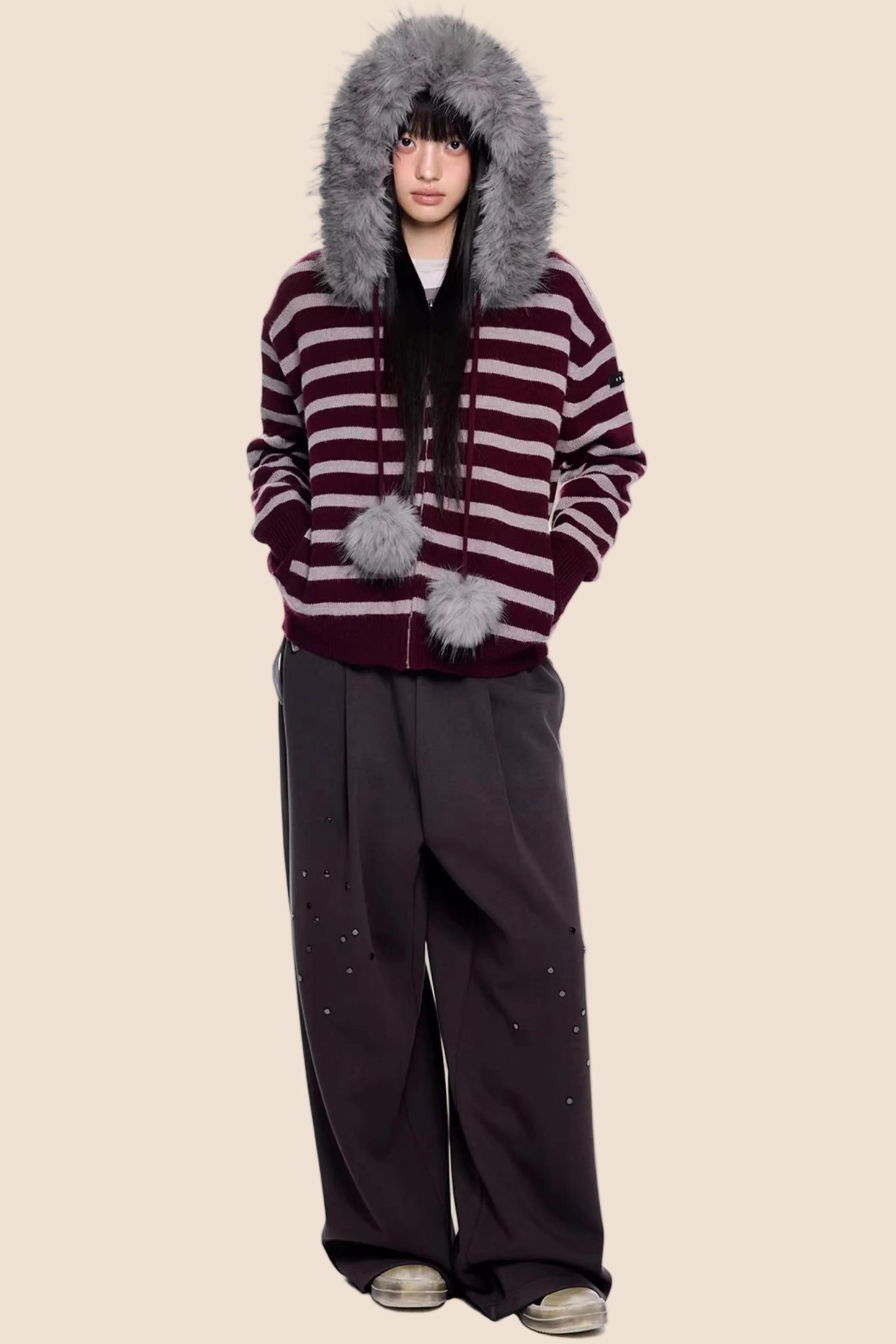 Fur Collar Striped Knit Cardigan