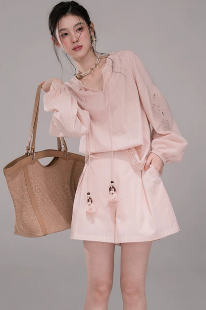 Completo Camicia a Righe Rosa Pesca