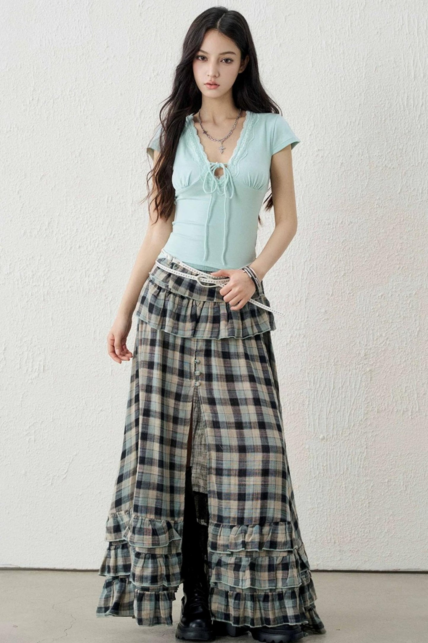 Gray-Green Plaid Ruffled Skirt