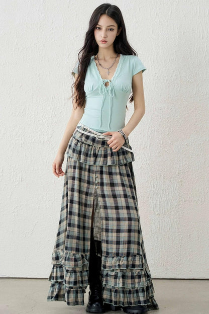 Gray-Green Plaid Ruffled Skirt