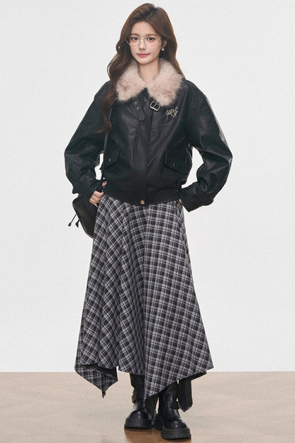 Black Leather Fur Collar Jacket Set-Up