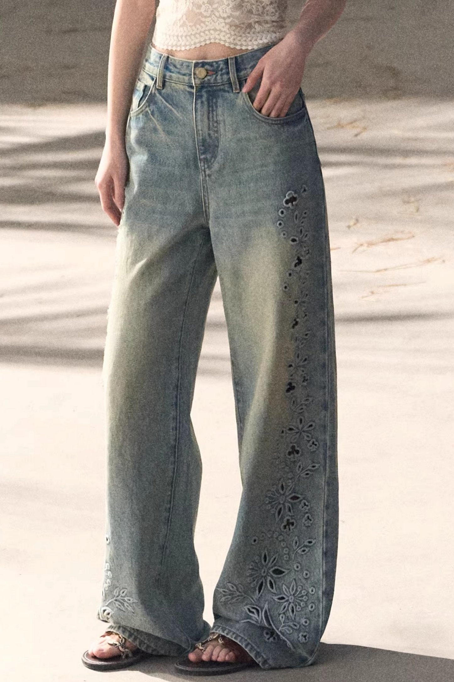 Laser Embroidery Distressed Jeans