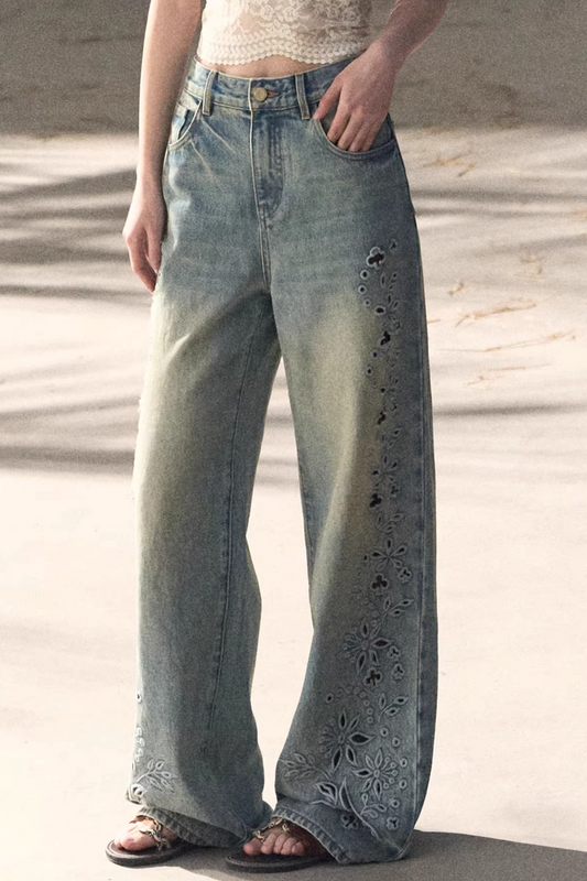 Laser Embroidery Distressed Jeans