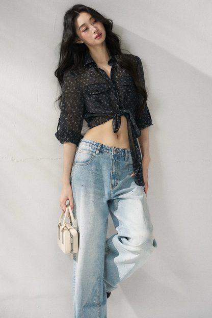 Bow Floral Slim Blouse