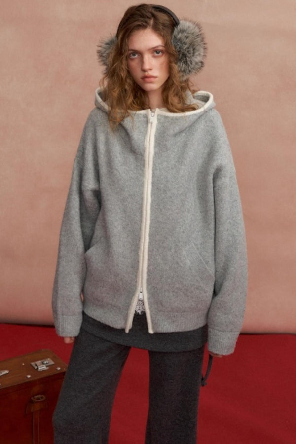 Hooded Cardigan With Contrasting Edges