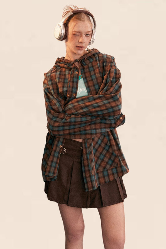 Plaid Contrast Hooded Long Sleeve Shirt