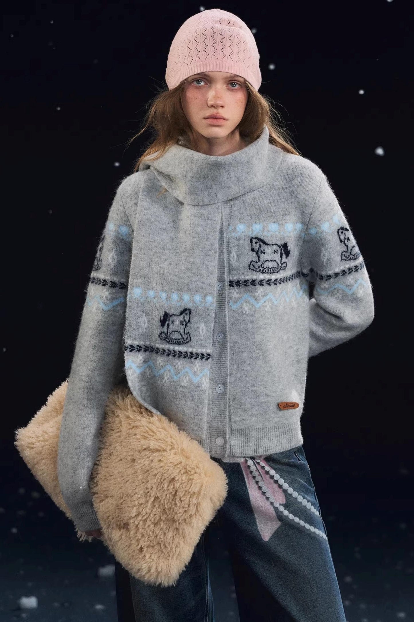 Fair Isle Scarf Cardigan Two-Piece Set