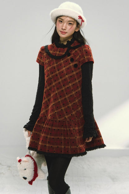 Christmas Doll Collar Tweed Dress Set-Up