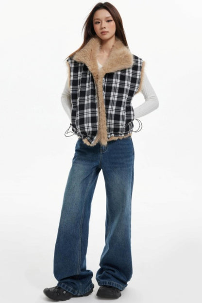Plaid Lined Fur Vest Reversible Jacket