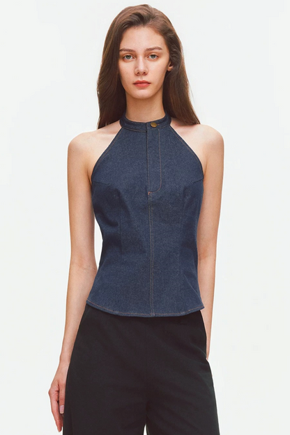 Top all'americana in denim con cuciture a contrasto e schiena scoperta