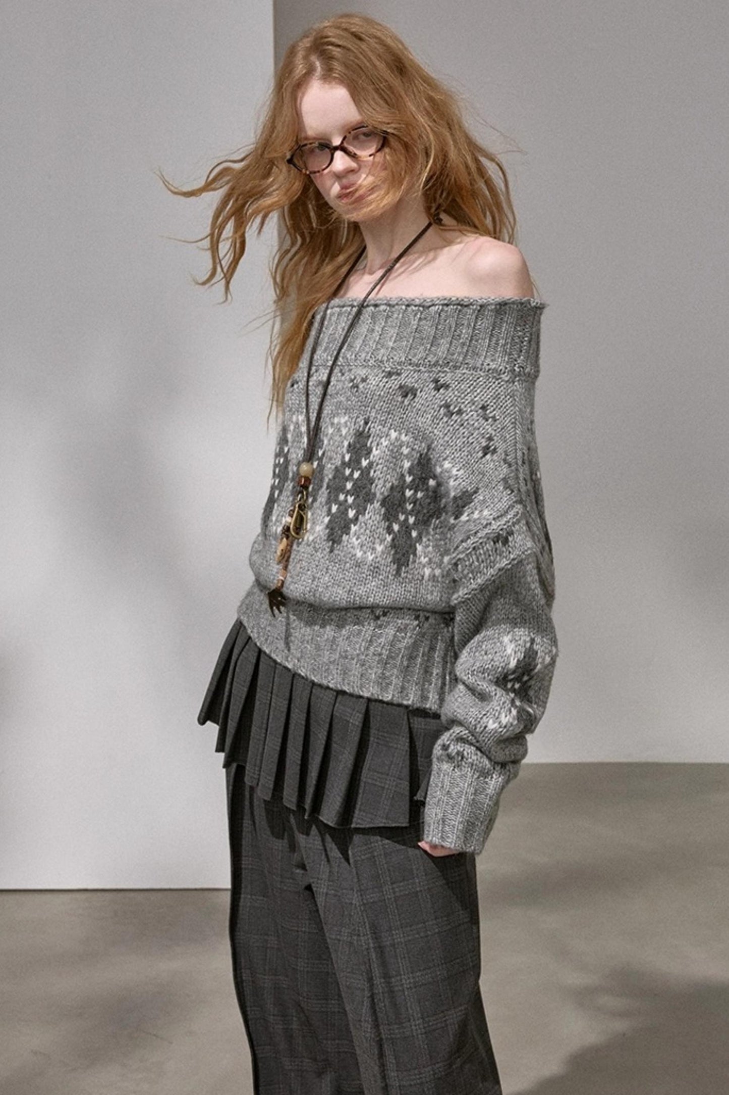 Thick Knit Argyle Off-Shoulder Sweater