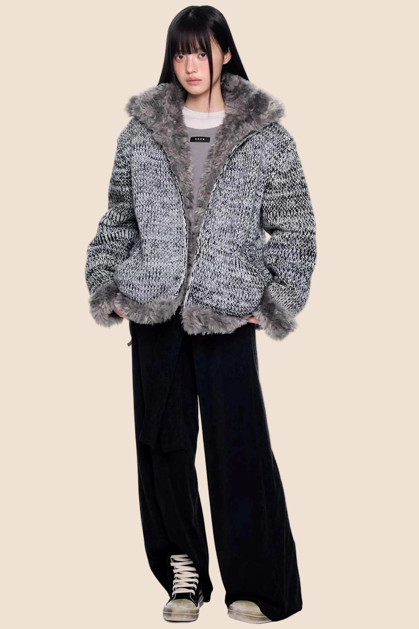 Fur Collar Knitted Reversible Jacket