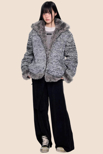 Fur Collar Knitted Reversible Jacket