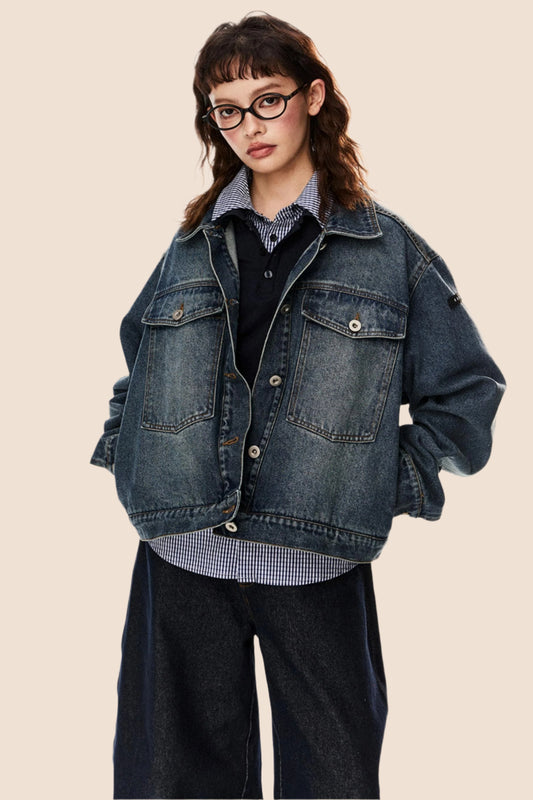 Vintage-Wasch cropped Denimjacke 