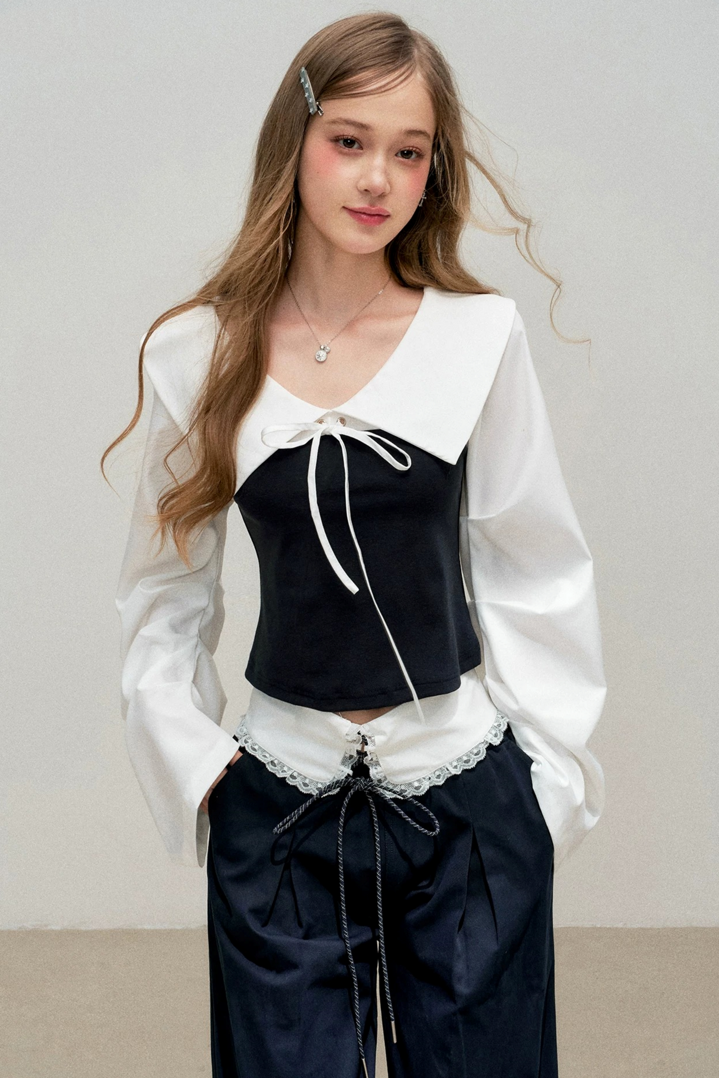 Navy Bow Patchwork Blouse