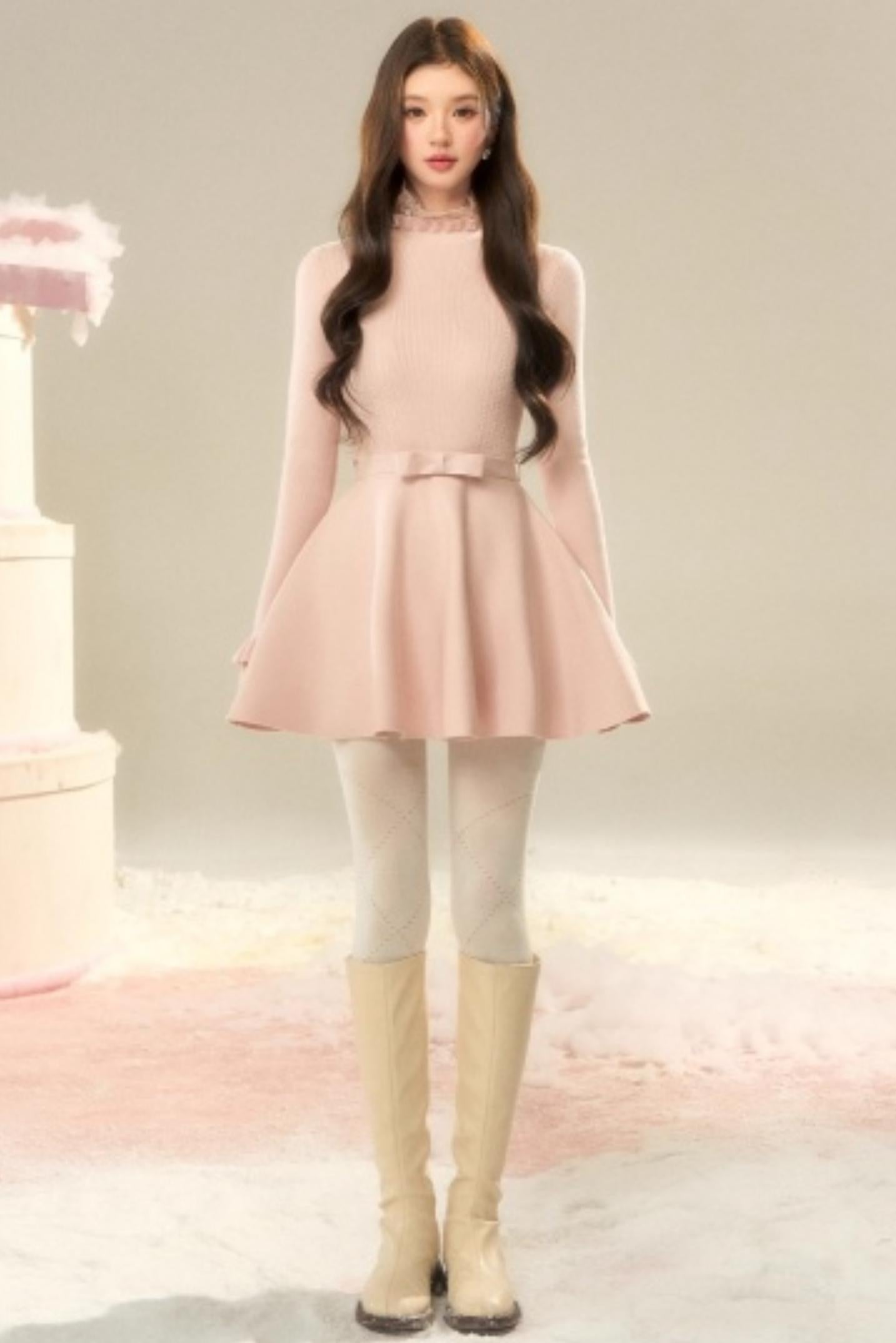 Lace High-Neck Knitted Dress