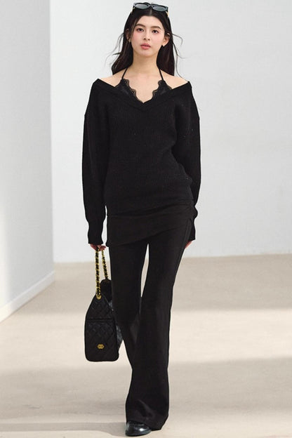 Off-Shoulder Black V-Neck Knit Sweater