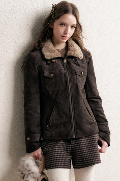 Coffee-Colored Fur Collar Coat