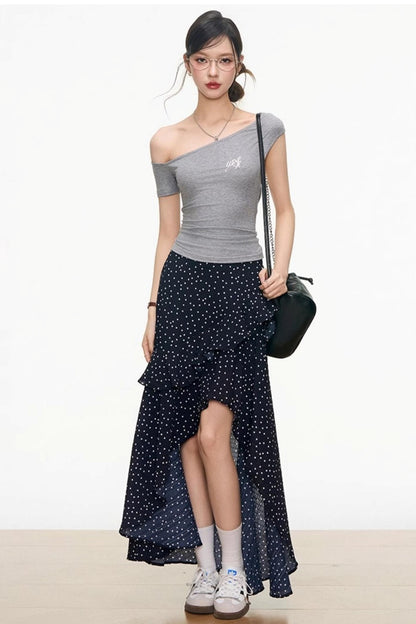 Asymmetrical Grey Top & Polka Dot Maxi Skirt Set-Up