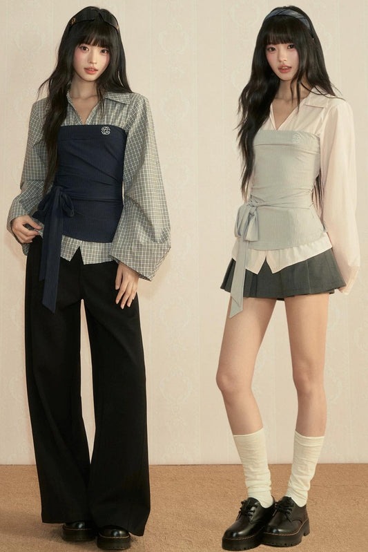 Color-Block Patchwork Blouse and Pants Set-Up