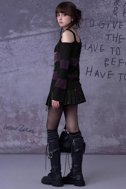 Black and Purple Off-Shoulder Knit Top