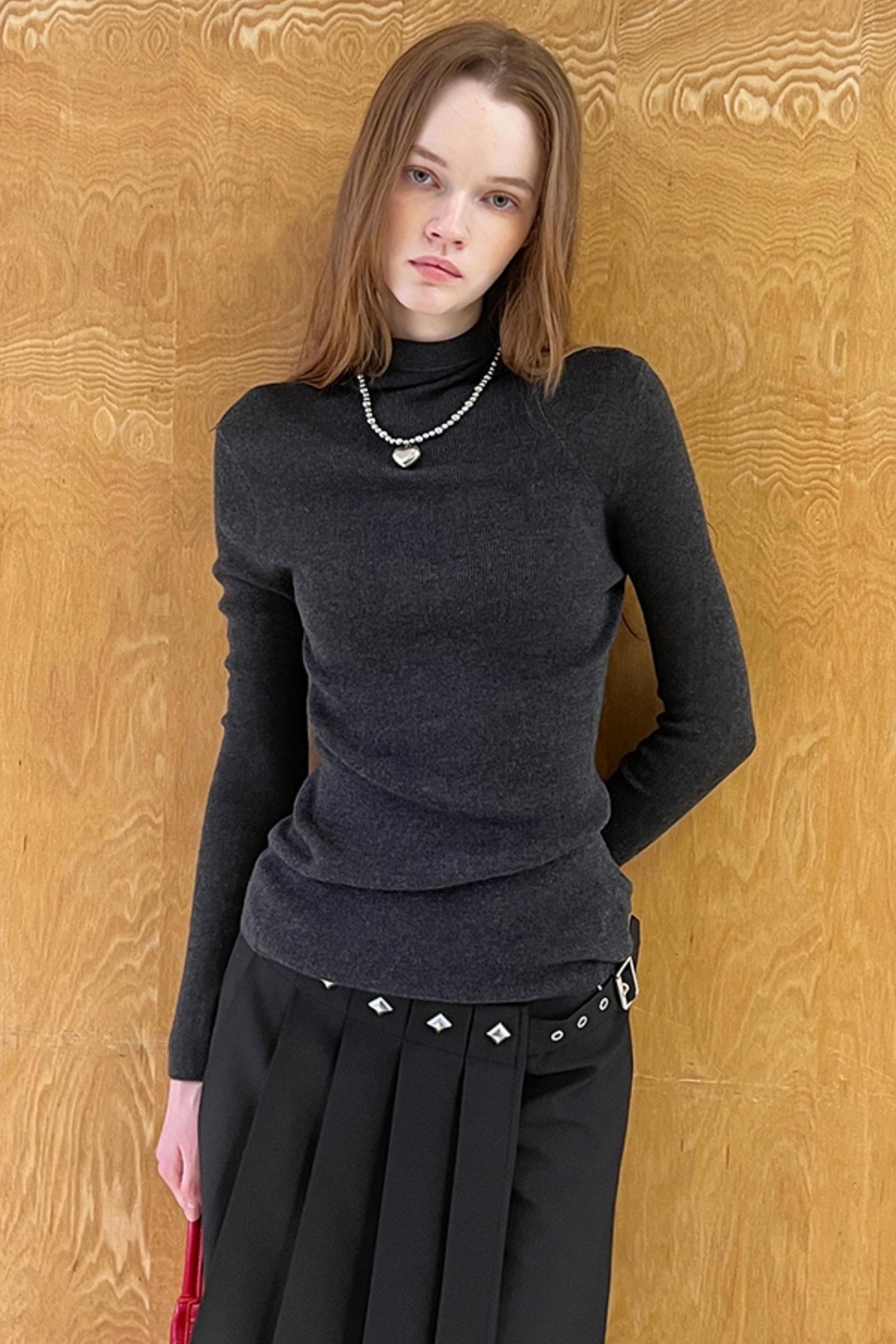 Slim Fit High Neck Wool Knit Top