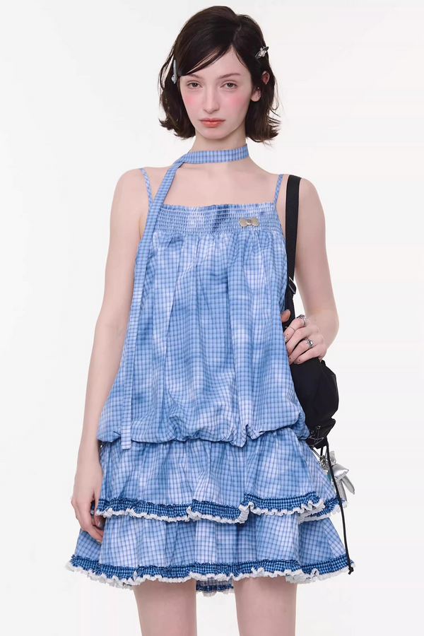 Summer Blue Plaid Lace Dress