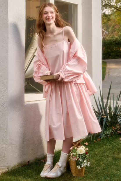 베이비 핑크 코튼 드레스 셋업