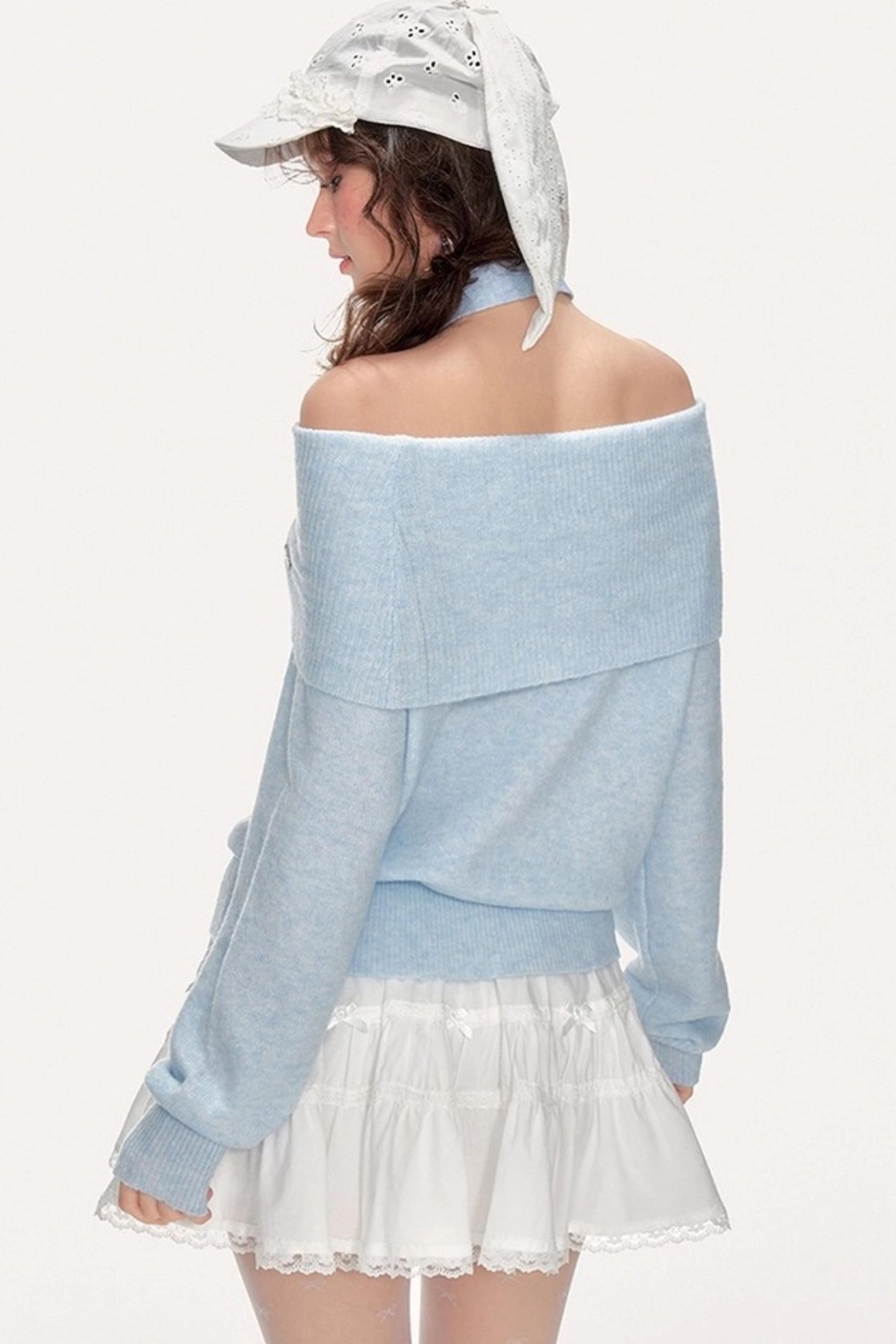 French Sweet One-Shoulder Halterneck Sweater