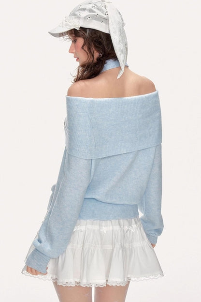 French Sweet One-Shoulder Halterneck Sweater