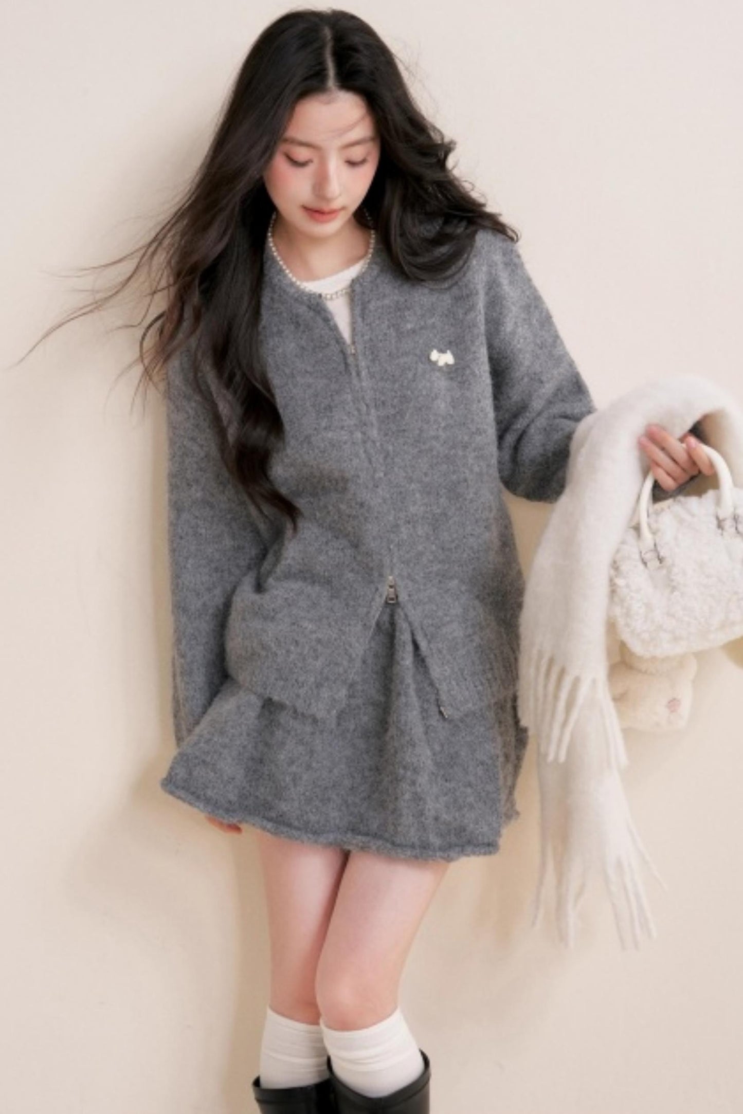 Winter Gray Knitted Cardigan Set-Up