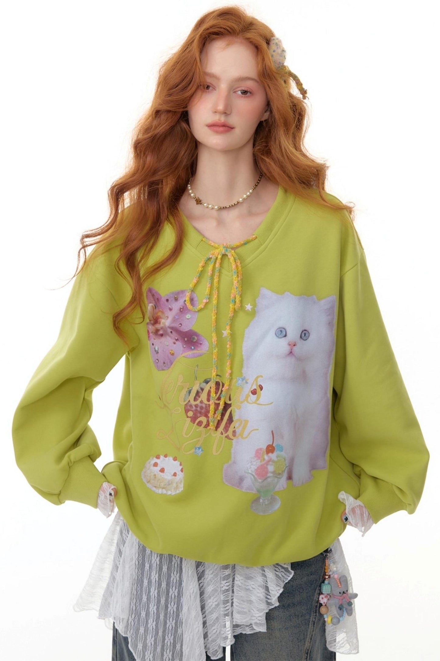 American Retro Cat Print Sweatshirt