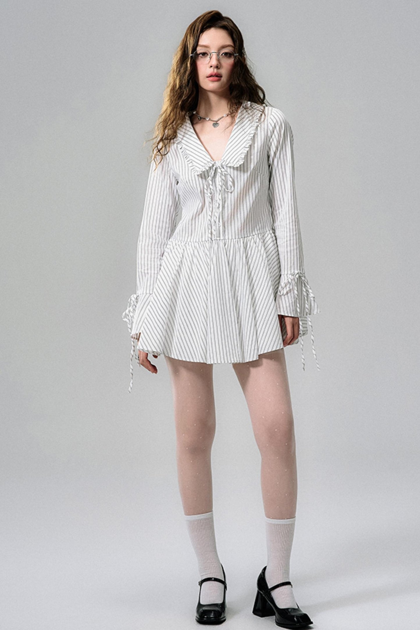 Striped Lace Bow Tie Long Sleeve Dress